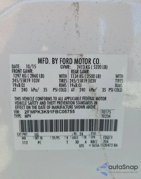 2015 Ford Edge Titanium z USA, uszkodzony, nr VIN 2FMPK3K91FBC05755